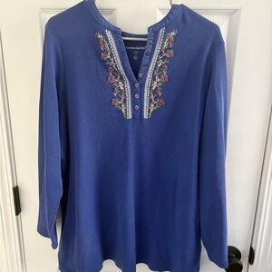 Woman Within Royal Blue Tunic with Floral Embroidery